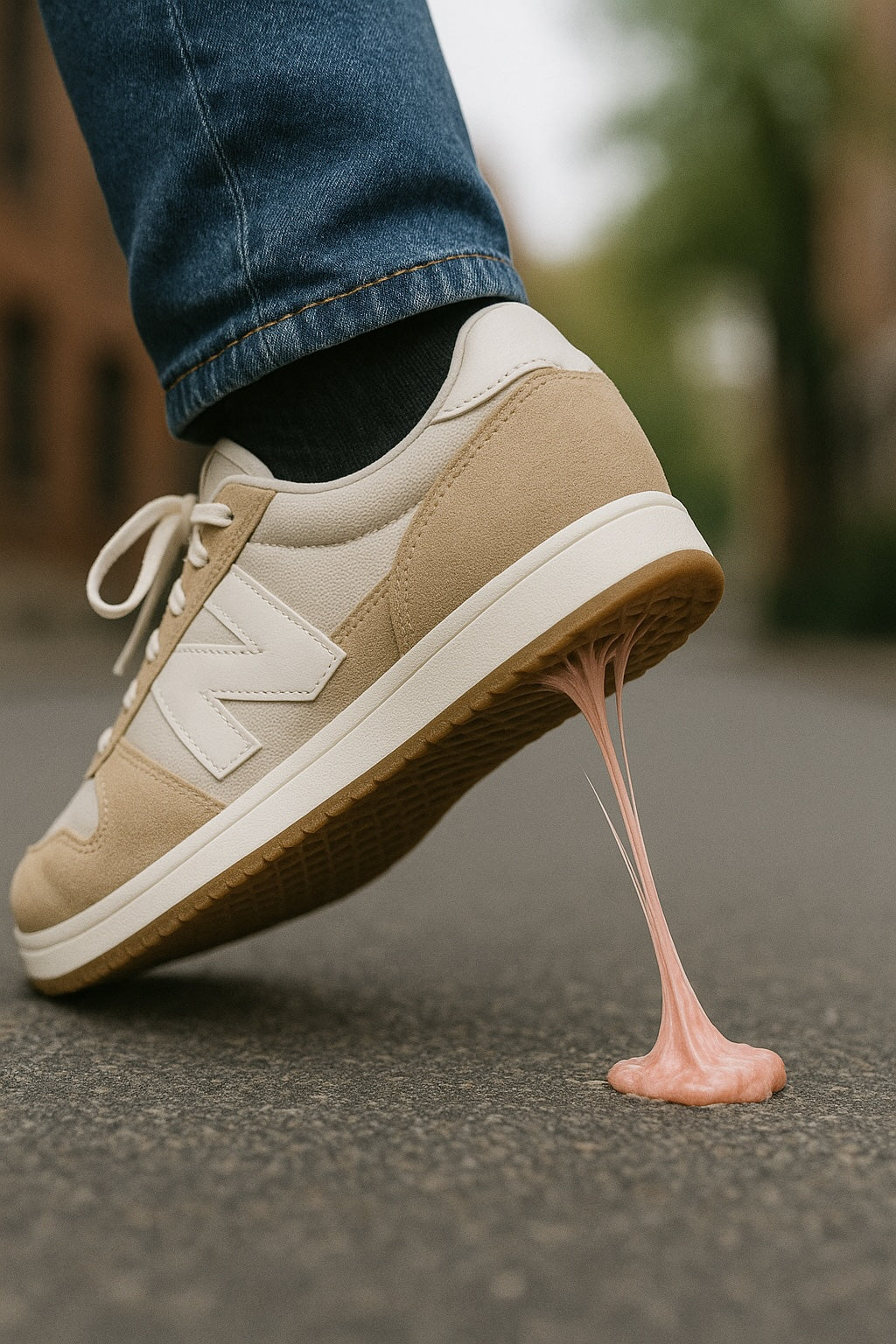 getunstuck - image of a sneaker that has gum stuck to the bottom with the gum stretching from the ground